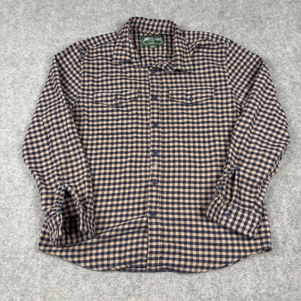 American Eagle Flannel Shirt Mens L Brown Black Plaid Gold Money Gorpcore Y2K‎